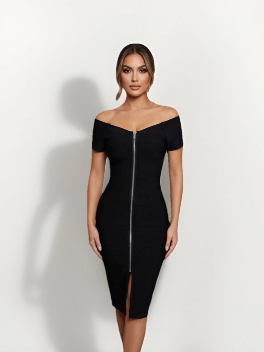NWT Haute Monde Black Zip-up Bodycon Dress midi cocktail dress work bandage sz S
